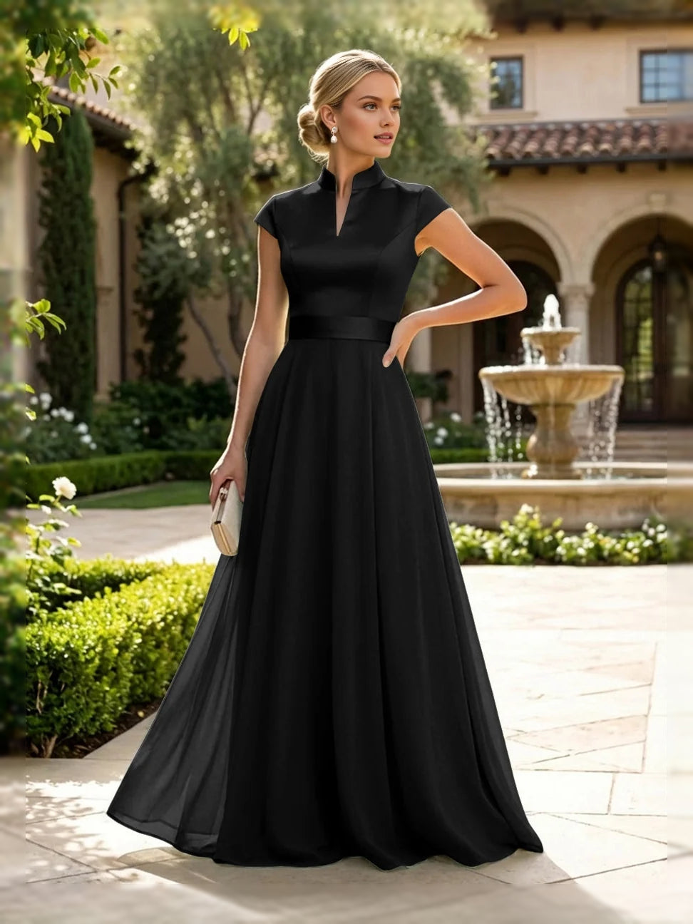 Black floor-length mother of the bride dress, alternate view showing the skirt and hem