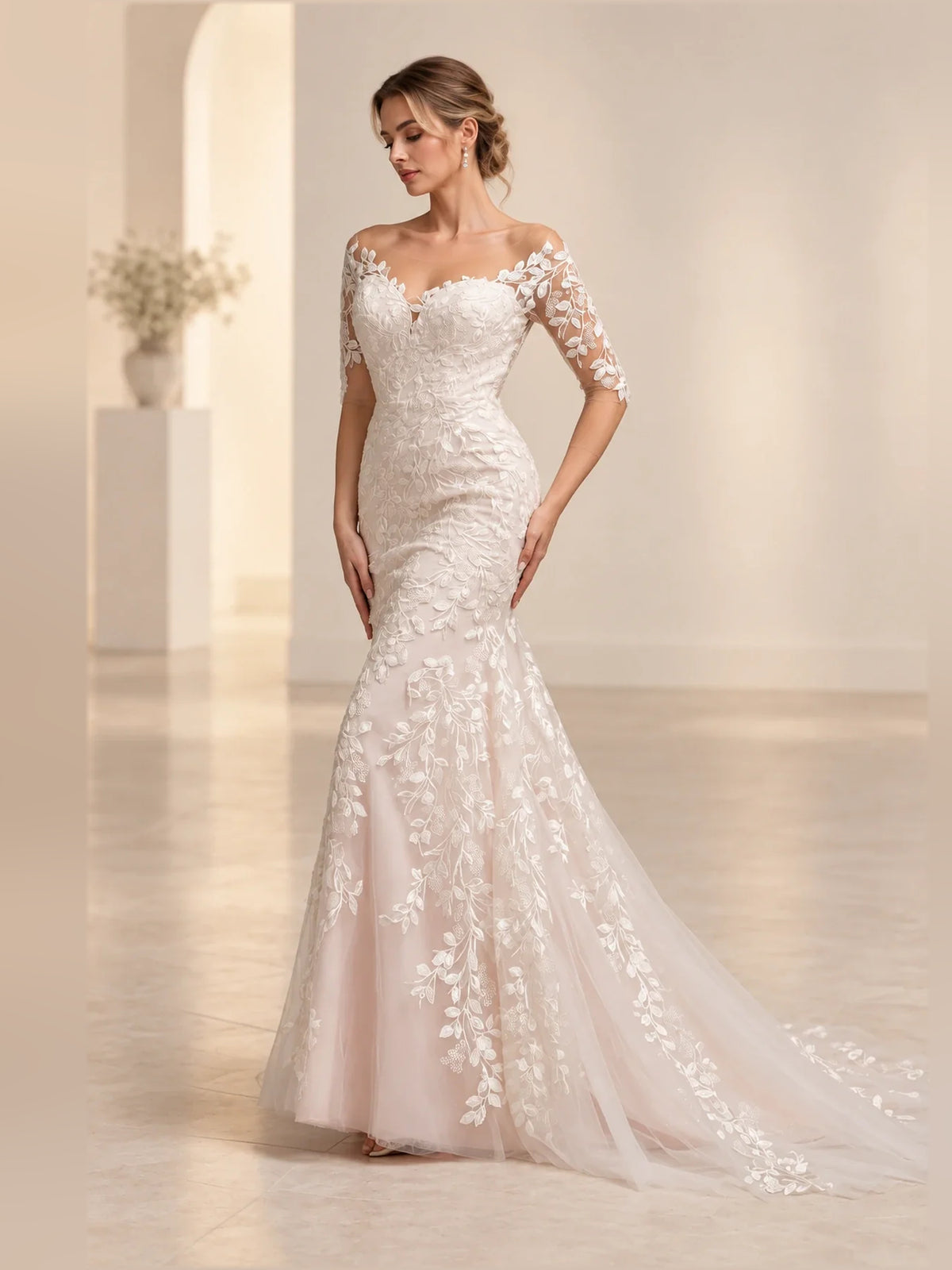 Ivory floor-length wedding dress, alternate view showing the skirt and hem