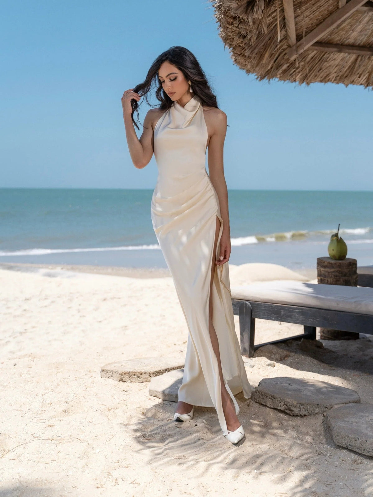Ivory maxi bridesmaid dress, alternate view showing the skirt and hem