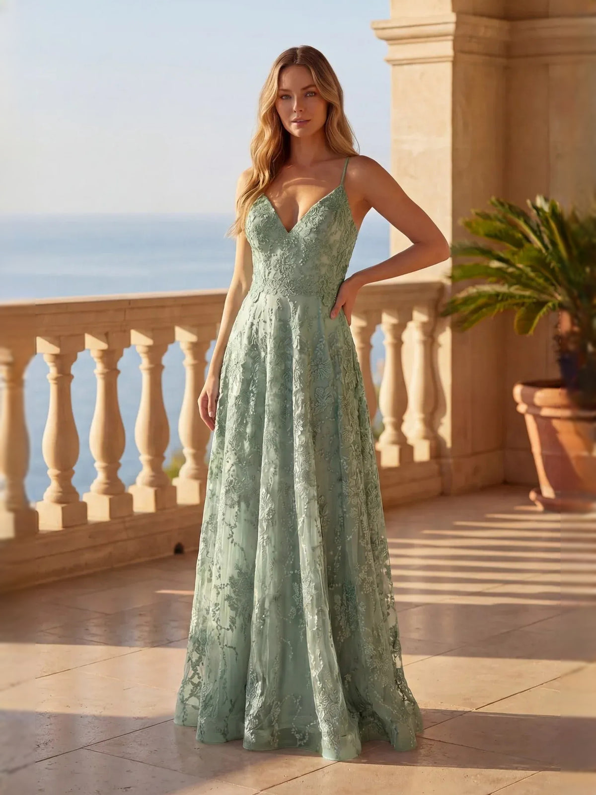 Dusty Sage floor-length prom dress, back view showing the rear of the dress