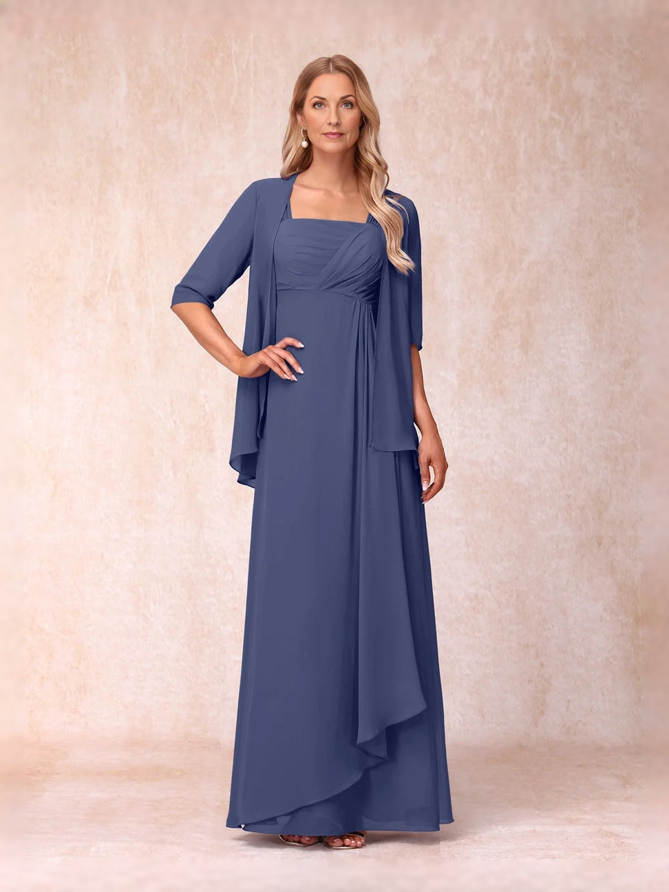 Dusty Blue floor-length mother of the bride dress, alternate view showing the skirt and hem
