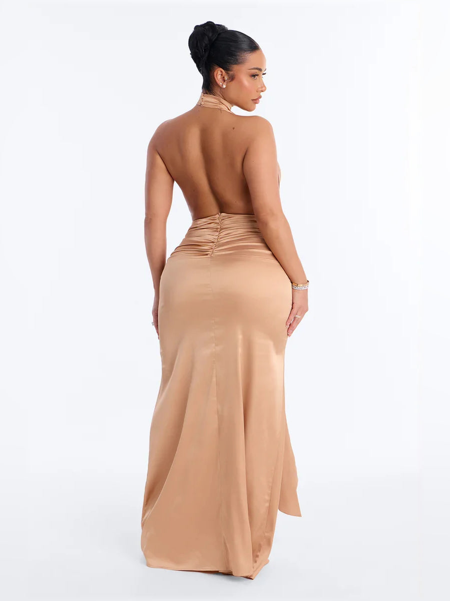 Dusty Blue a-line floor-length formal dress with skirt slit, alternate view showing the skirt