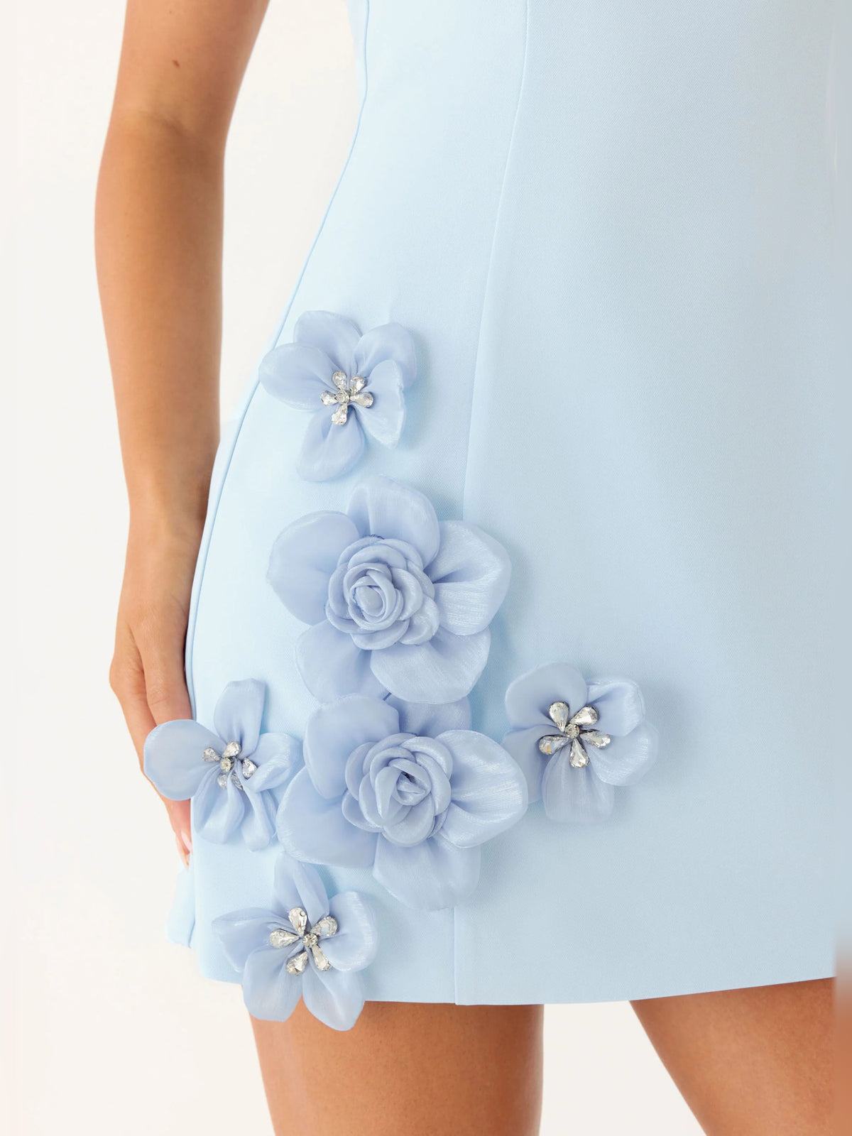 Blue mini homecoming dress, alternate view showing the skirt and hem