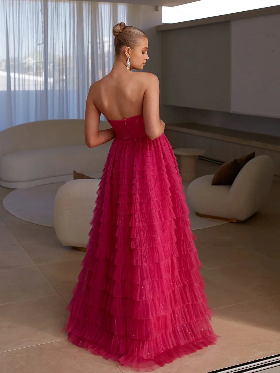Hot Pink maxi prom dress, alternate view showing the skirt and hem