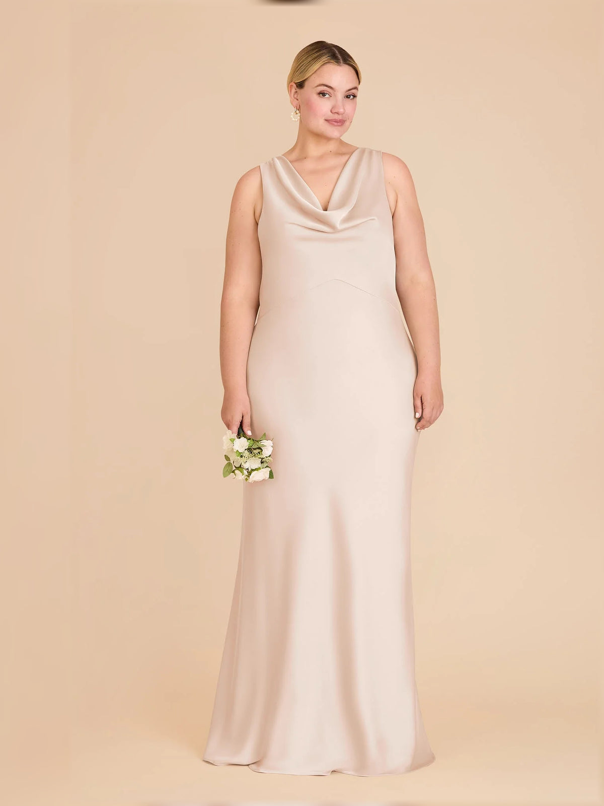 Champagne maxi bridesmaid dress, alternate view showing the skirt and hem