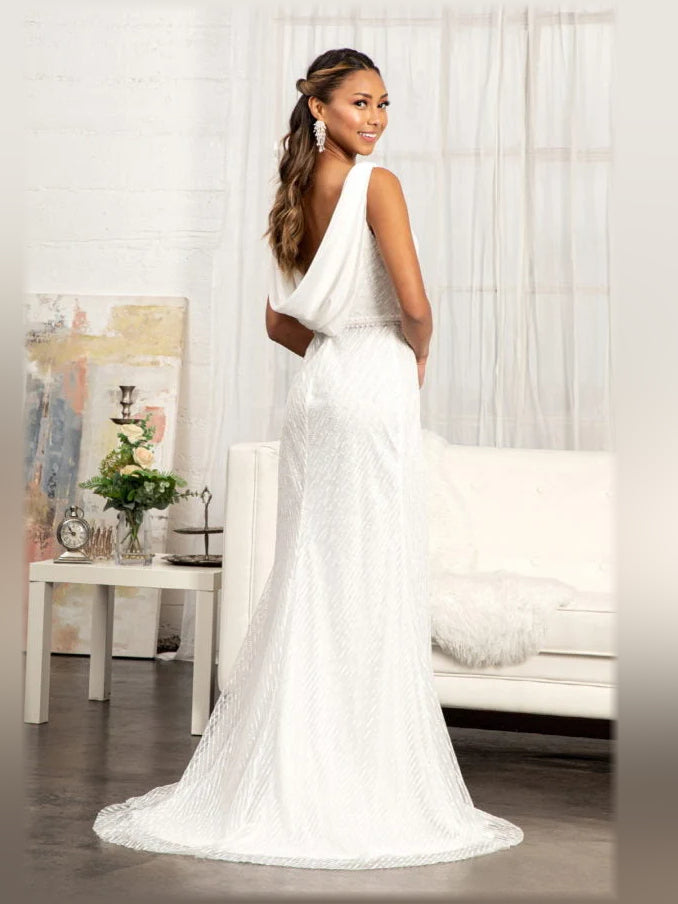 Champagne column floor-length formal dress with skirt slit, alternate view showing the skirt