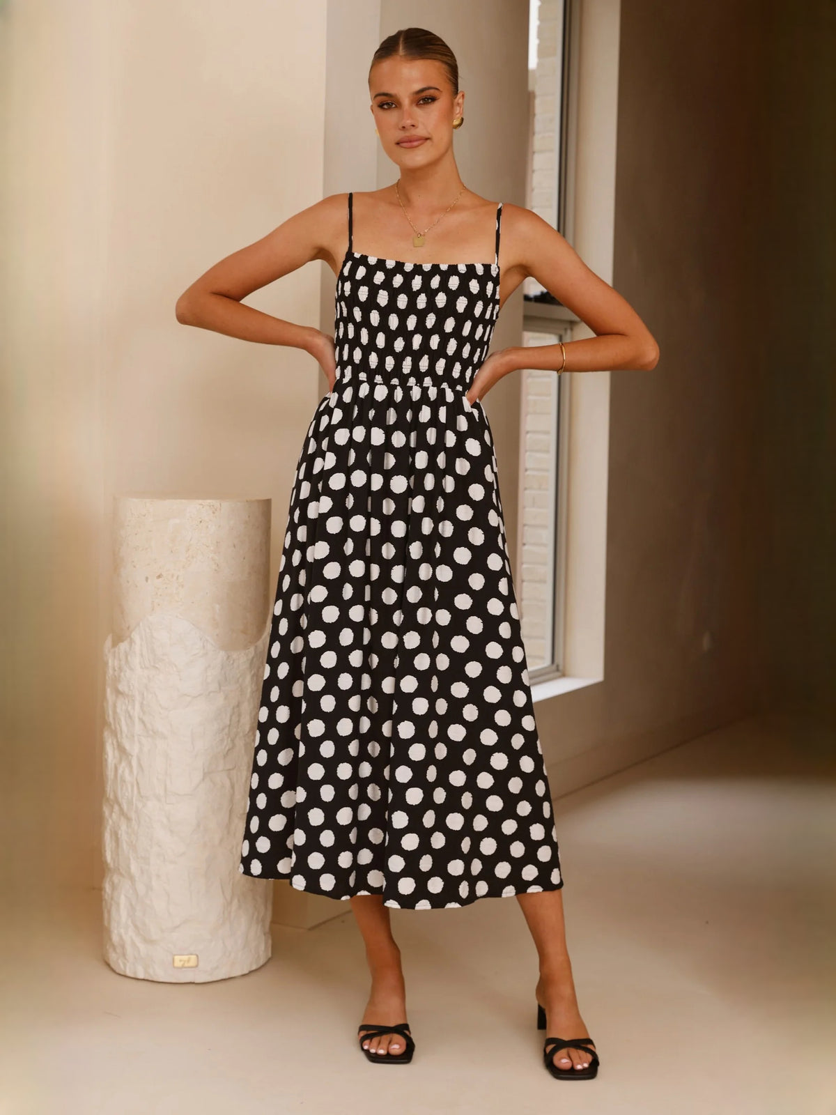 Black White Polka Dot midi formal dress with printed pattern, alternate view showing the skirt