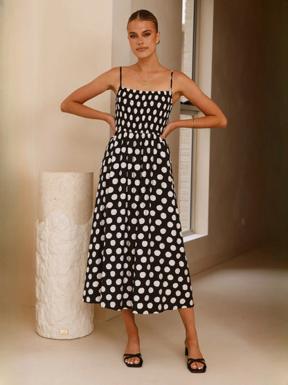 Black White Polka Dot midi formal dress with printed pattern, alternate view showing the skirt
