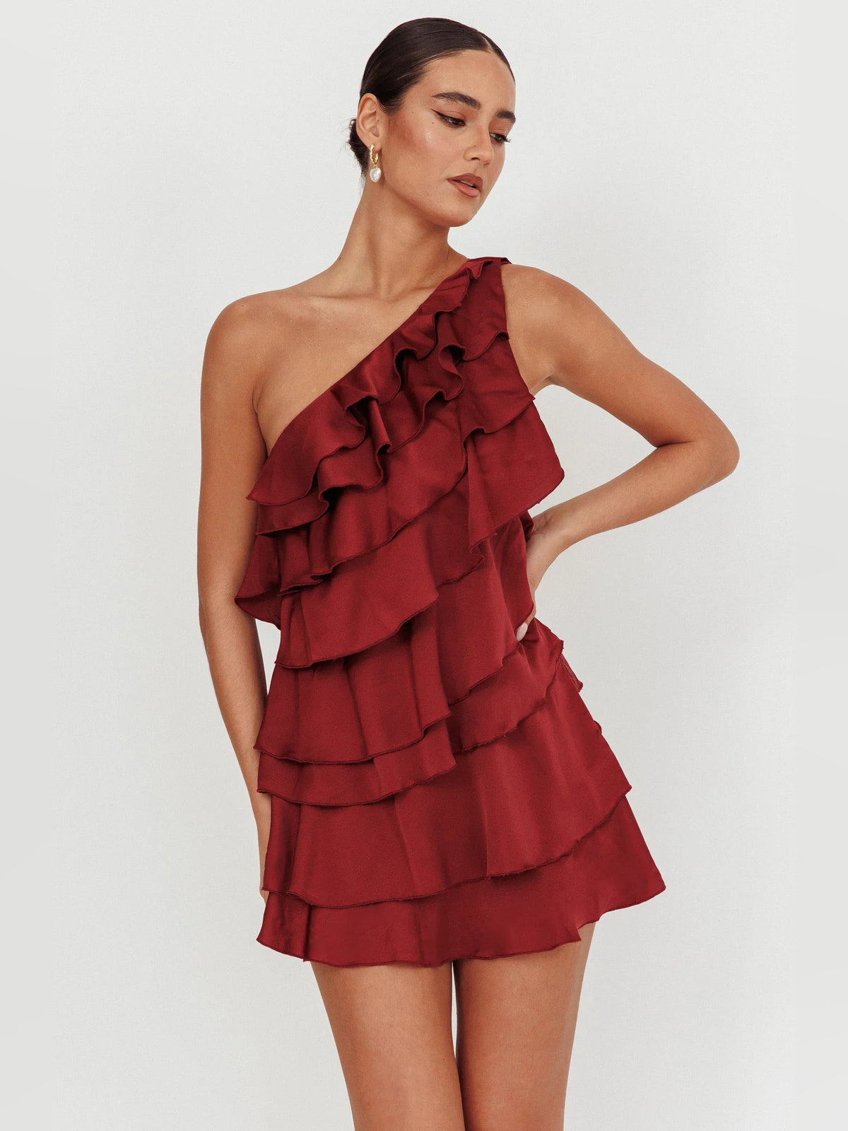 Wine mini homecoming dress, alternate view showing the skirt and hem
