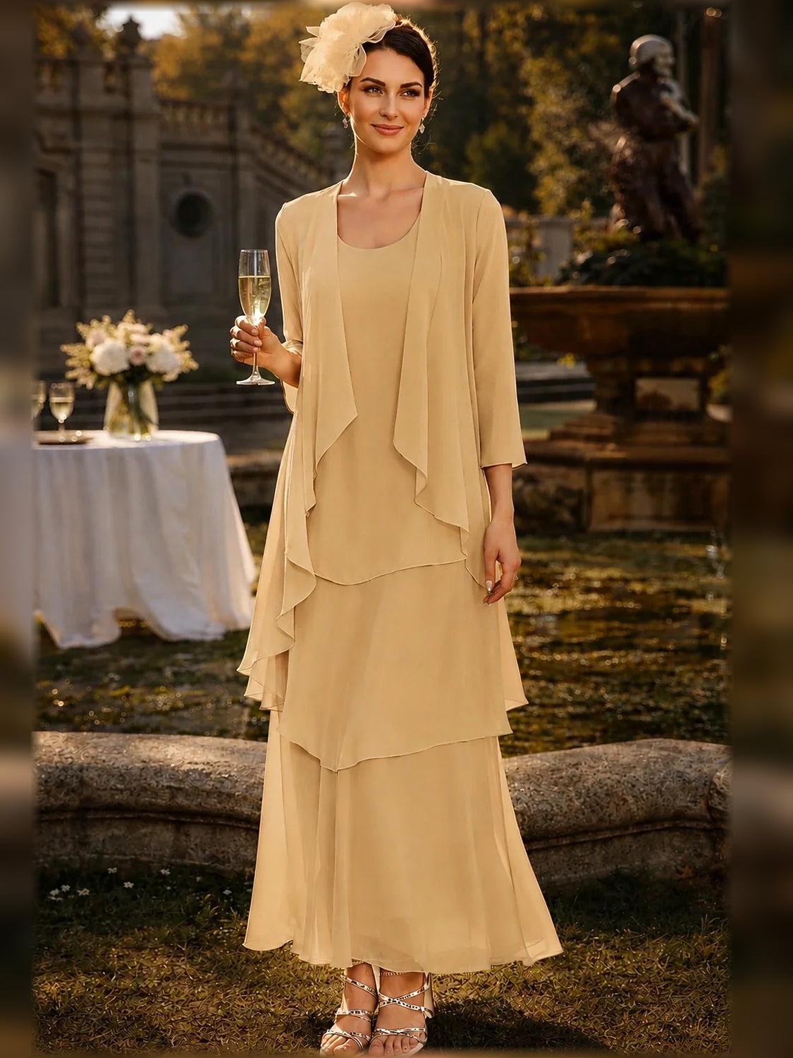 Gold maxi mother of the bride dress, alternate view showing the skirt and hem