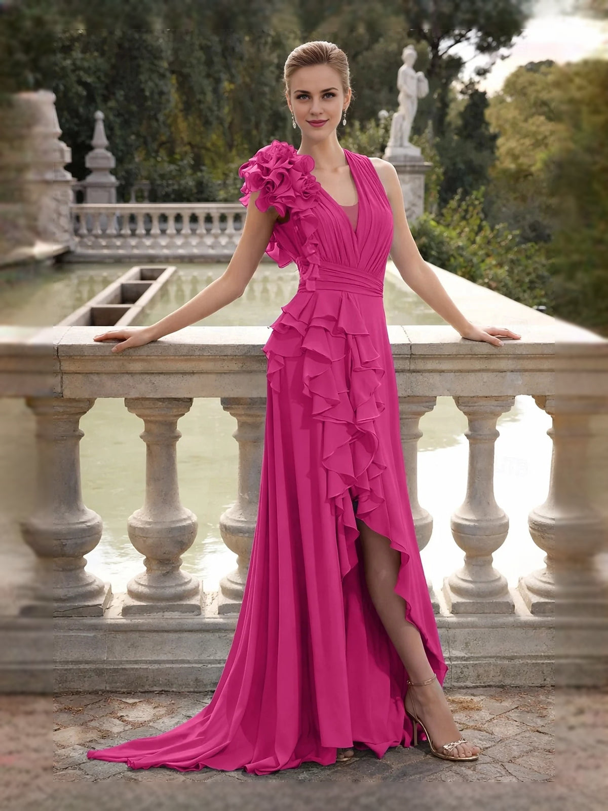 Hot Pink maxi prom dress, alternate view showing the skirt and hem