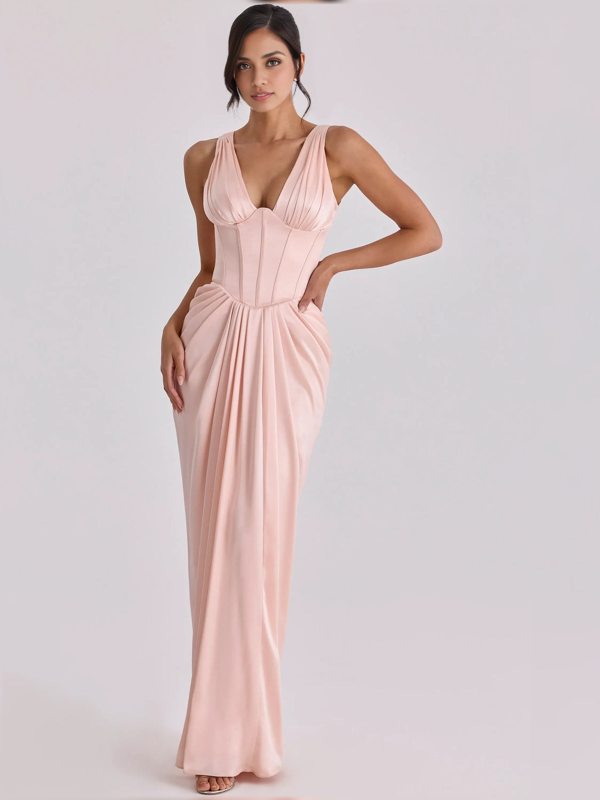 Blush Pink sheath floor-length formal dress with draping, alternate view showing the skirt