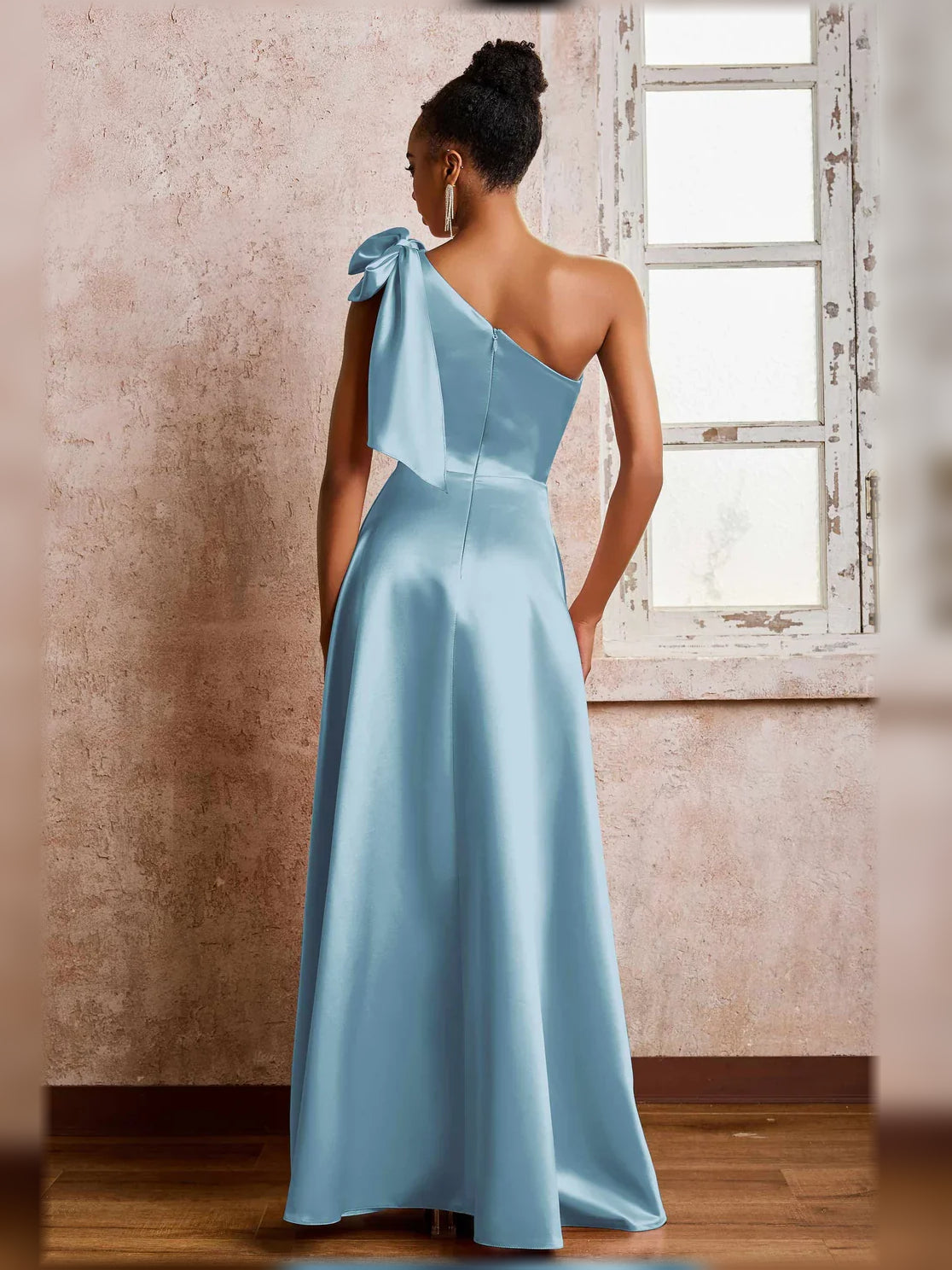 Light Pink a-line floor-length formal dress with skirt slit, alternate view showing the skirt