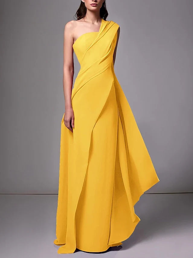Yellow a-line floor-length formal dress with ruching, alternate view