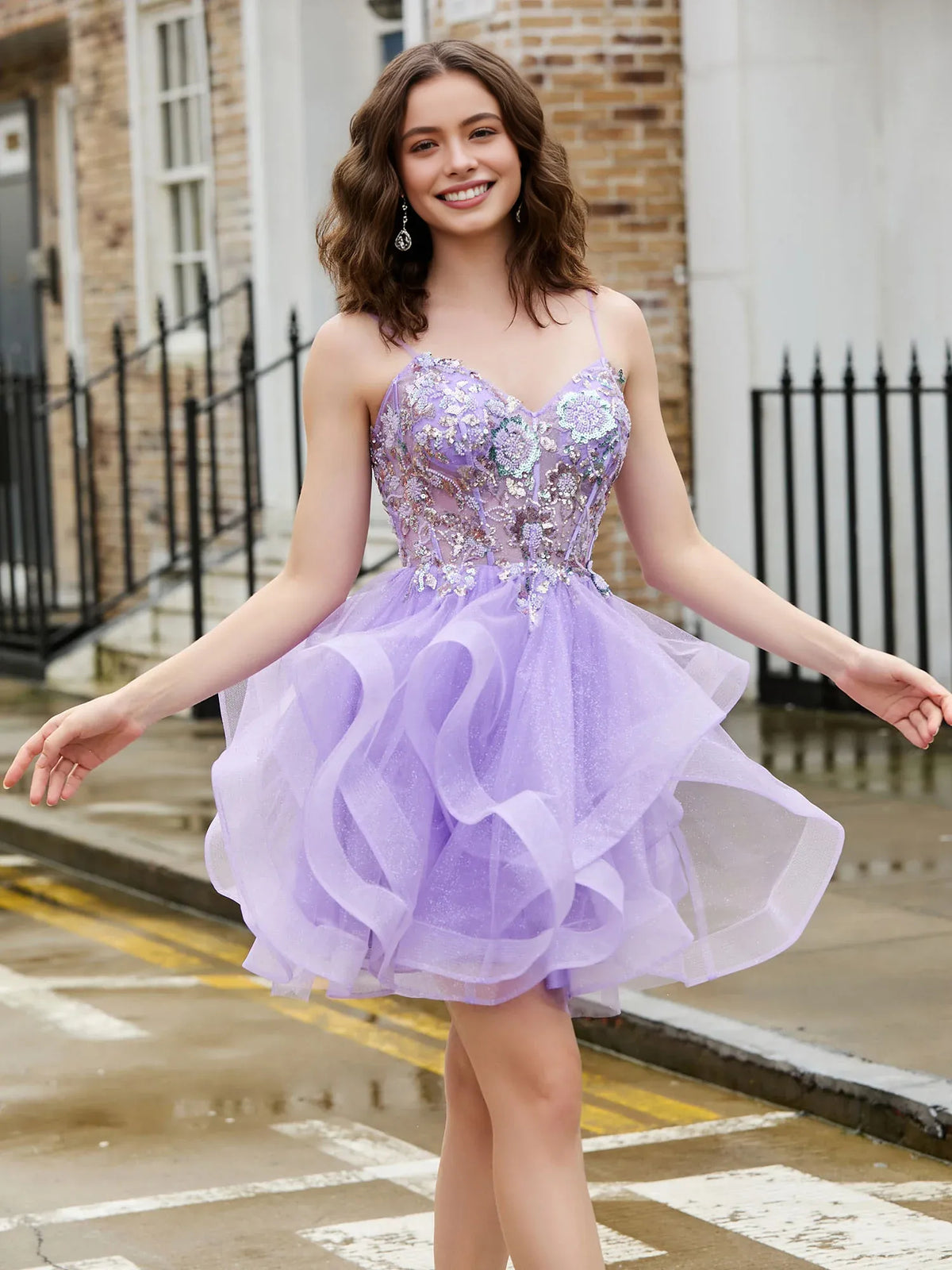 Lilac mini homecoming dress, alternate view showing the skirt and hem