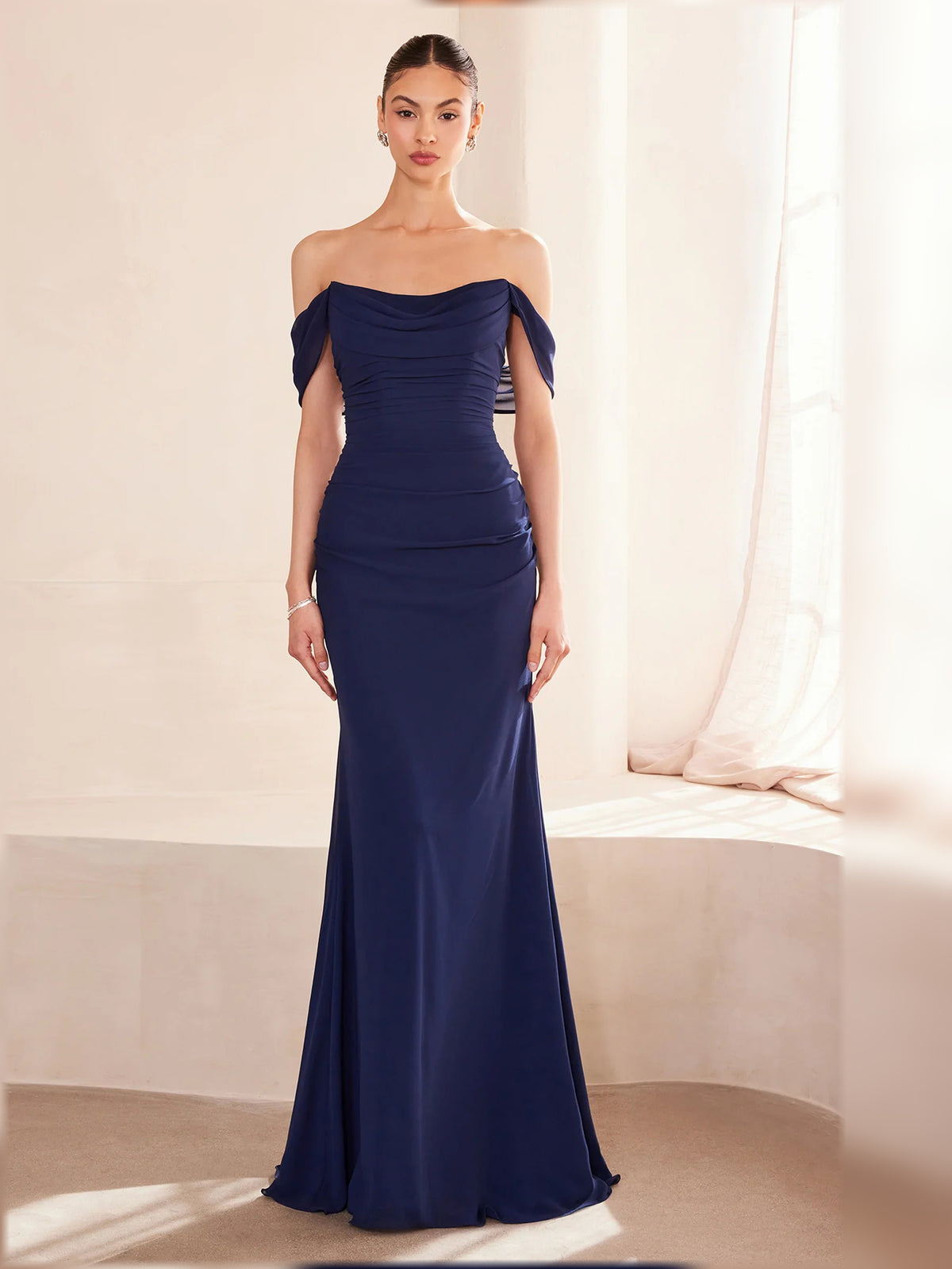 Dark Blue mermaid floor-length formal dress with ruching, alternate view showing the skirt