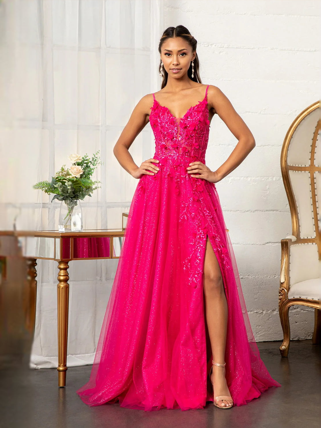 Fuchsia floor-length prom dress, alternate view showing the skirt and hem