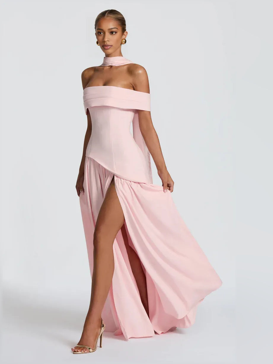 Blush Pink sheath floor-length formal dress with skirt slit, alternate view