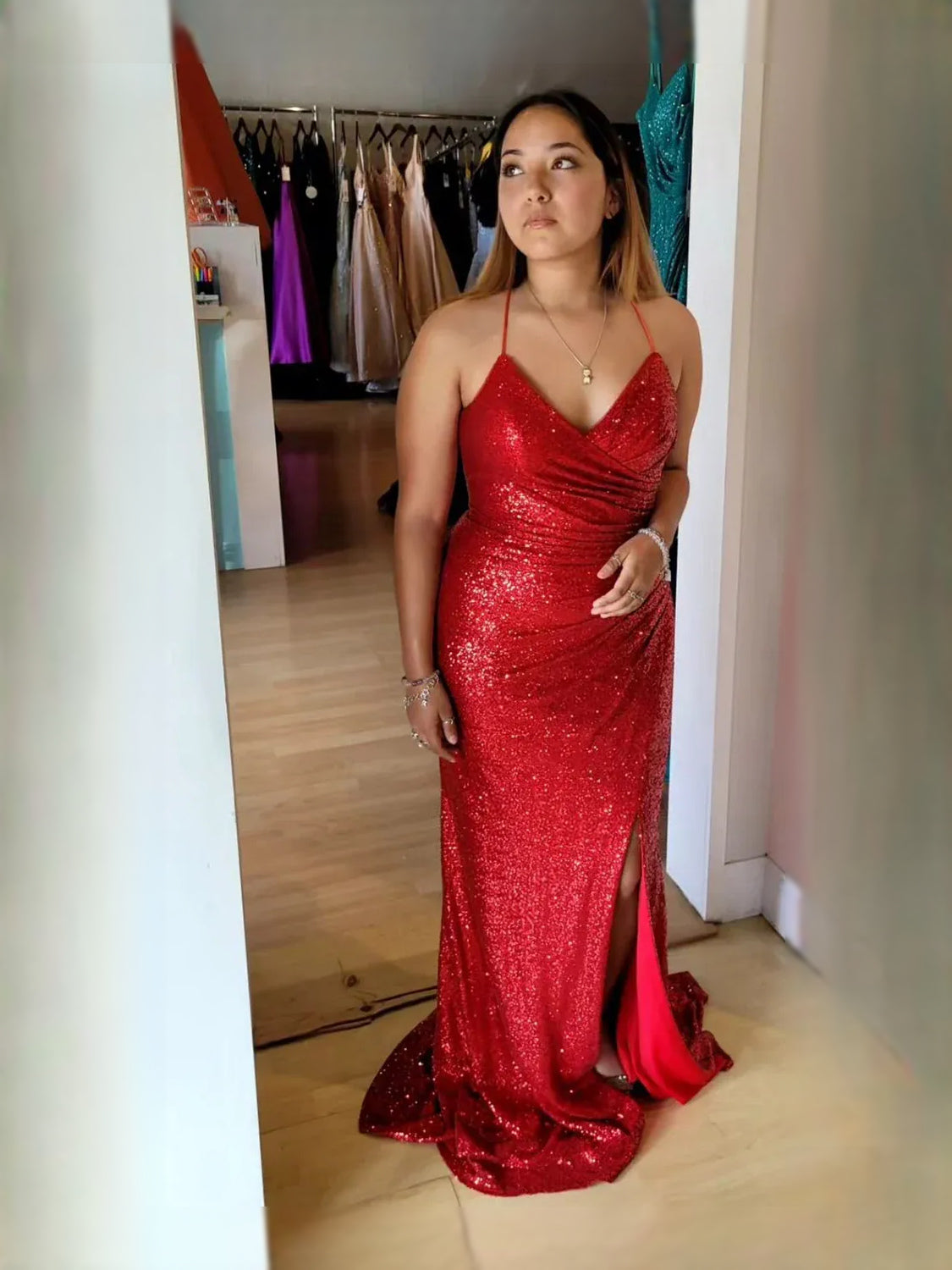 Red maxi prom dress, alternate view showing the skirt and hem