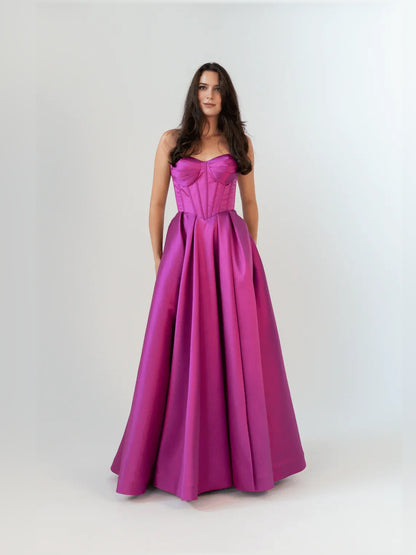 Magenta a-line floor-length formal dress with corset-style bodice, alternate view
