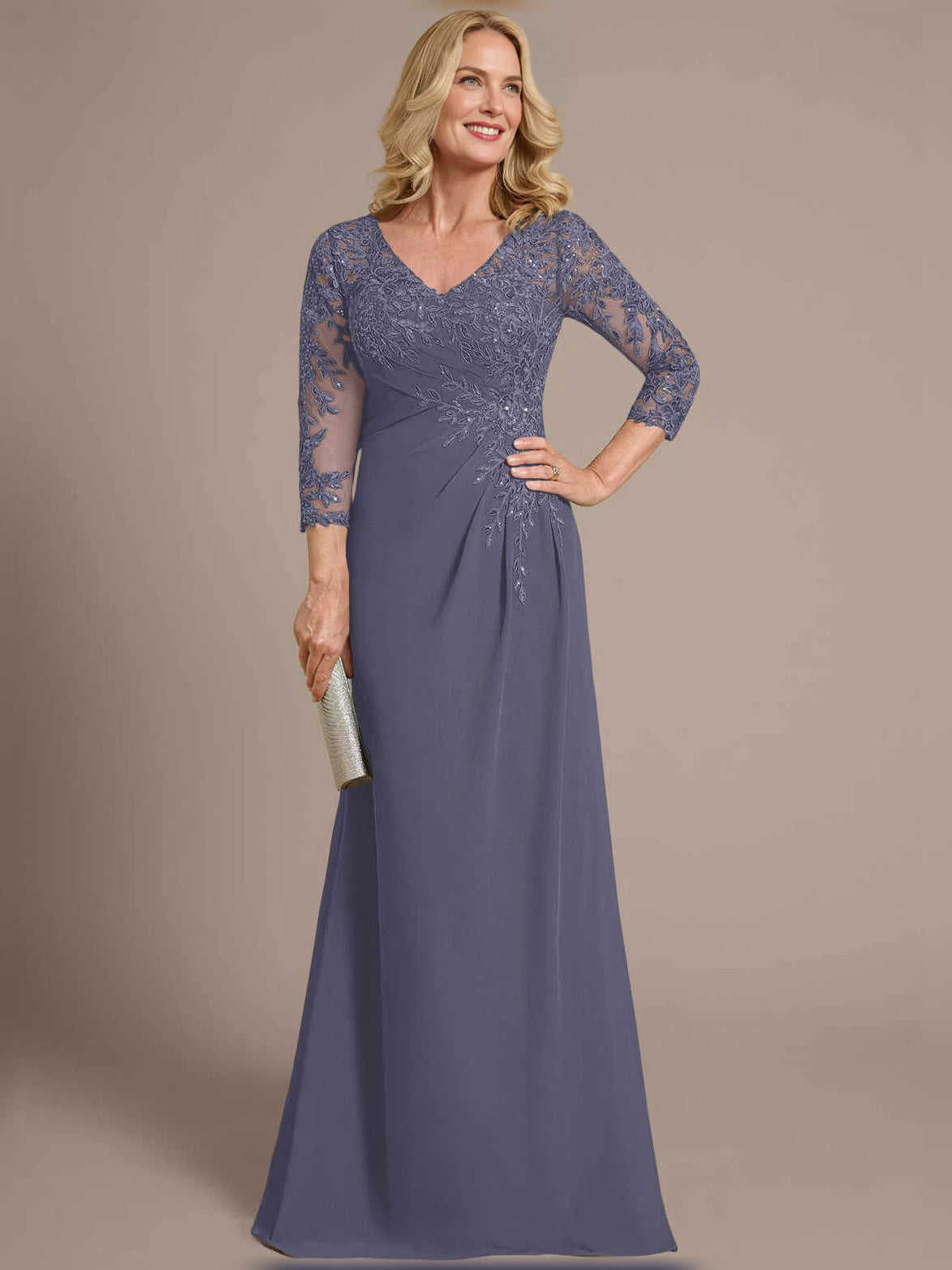 Tahiti floor-length mother of the bride dress, alternate view showing the skirt and hem