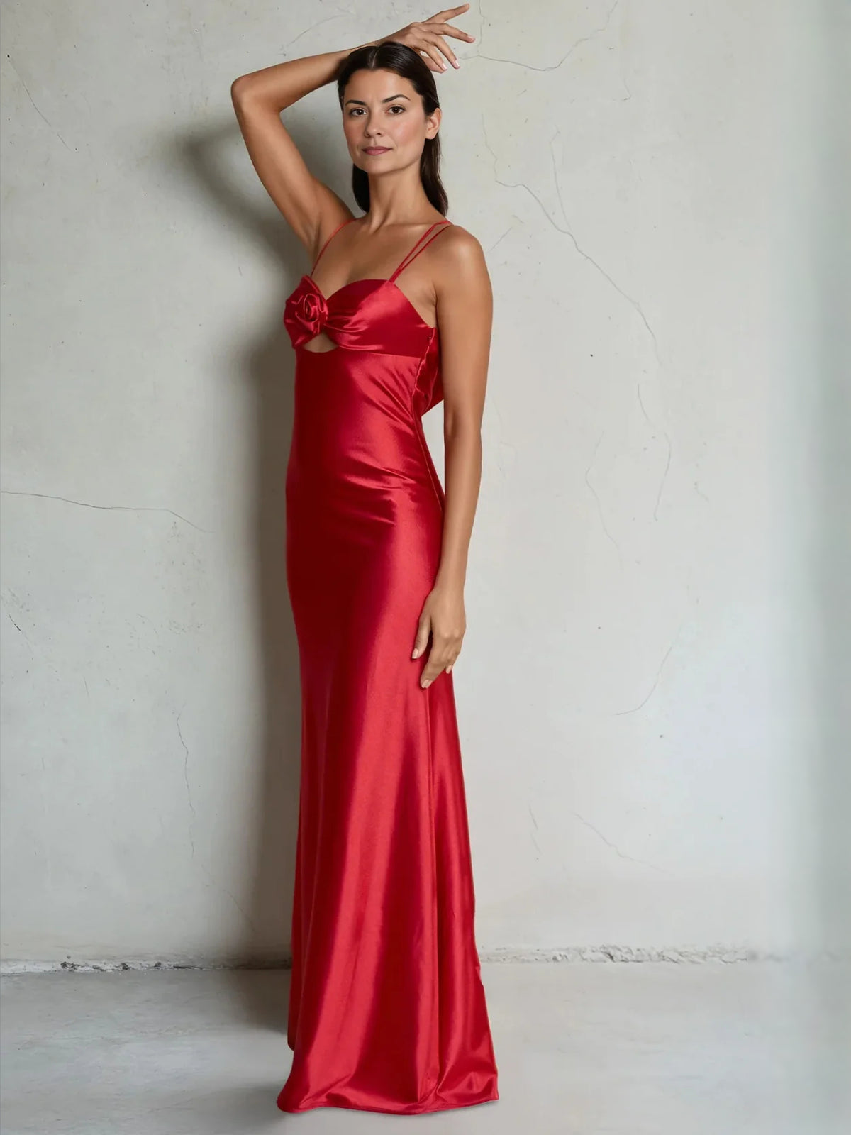 Red maxi prom dress, alternate view showing the skirt and hem