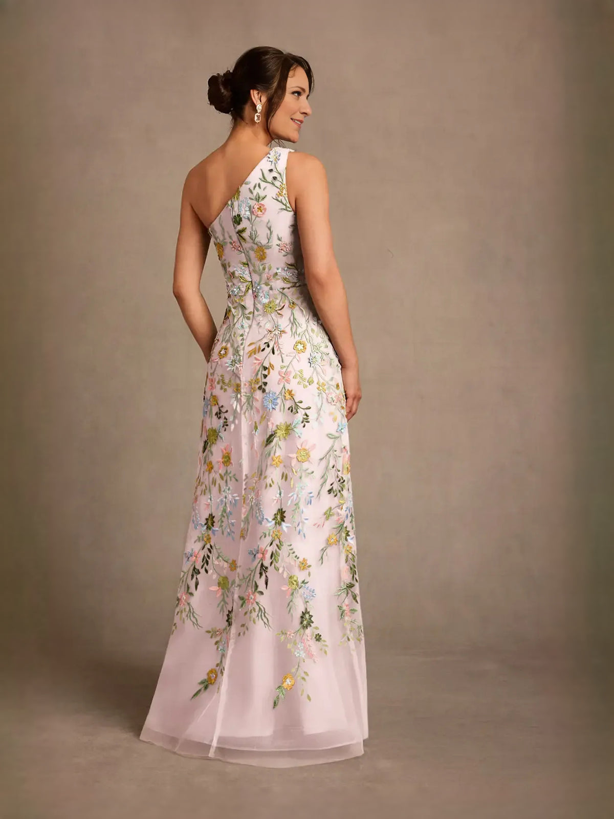 Dusty Sage floor-length prom dress, alternate view showing the skirt and hem