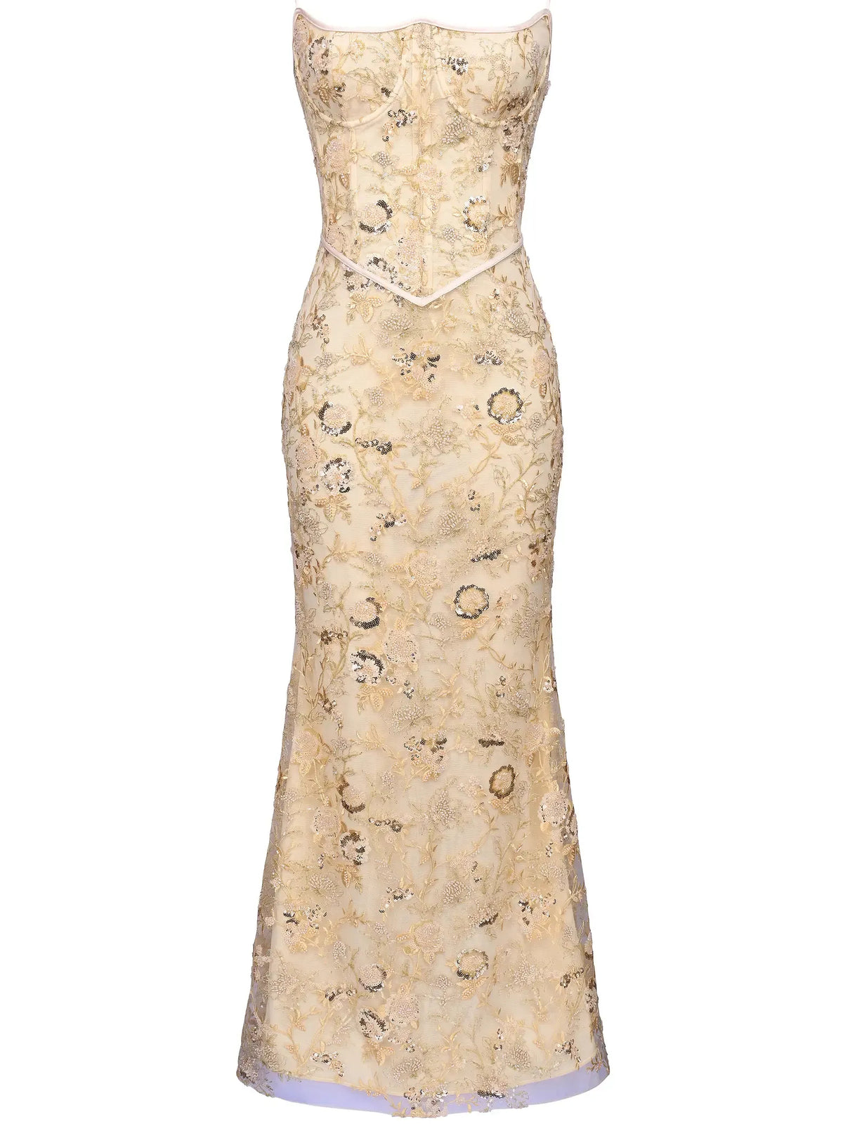 Peach mermaid floor-length formal dress with floral print, alternate view