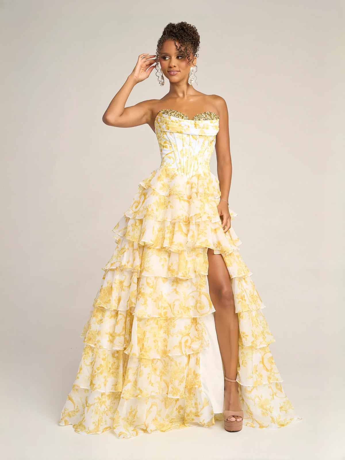 Blue floor-length prom dress, alternate view showing the skirt and hem