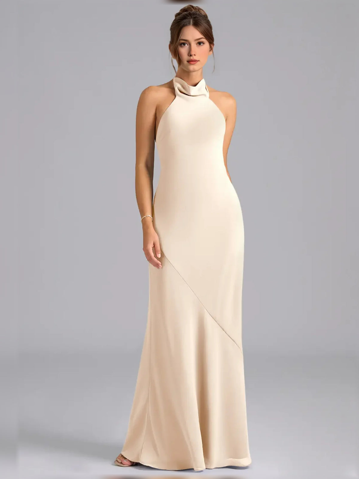 Ivory maxi bridesmaid dress, alternate view showing the skirt and hem