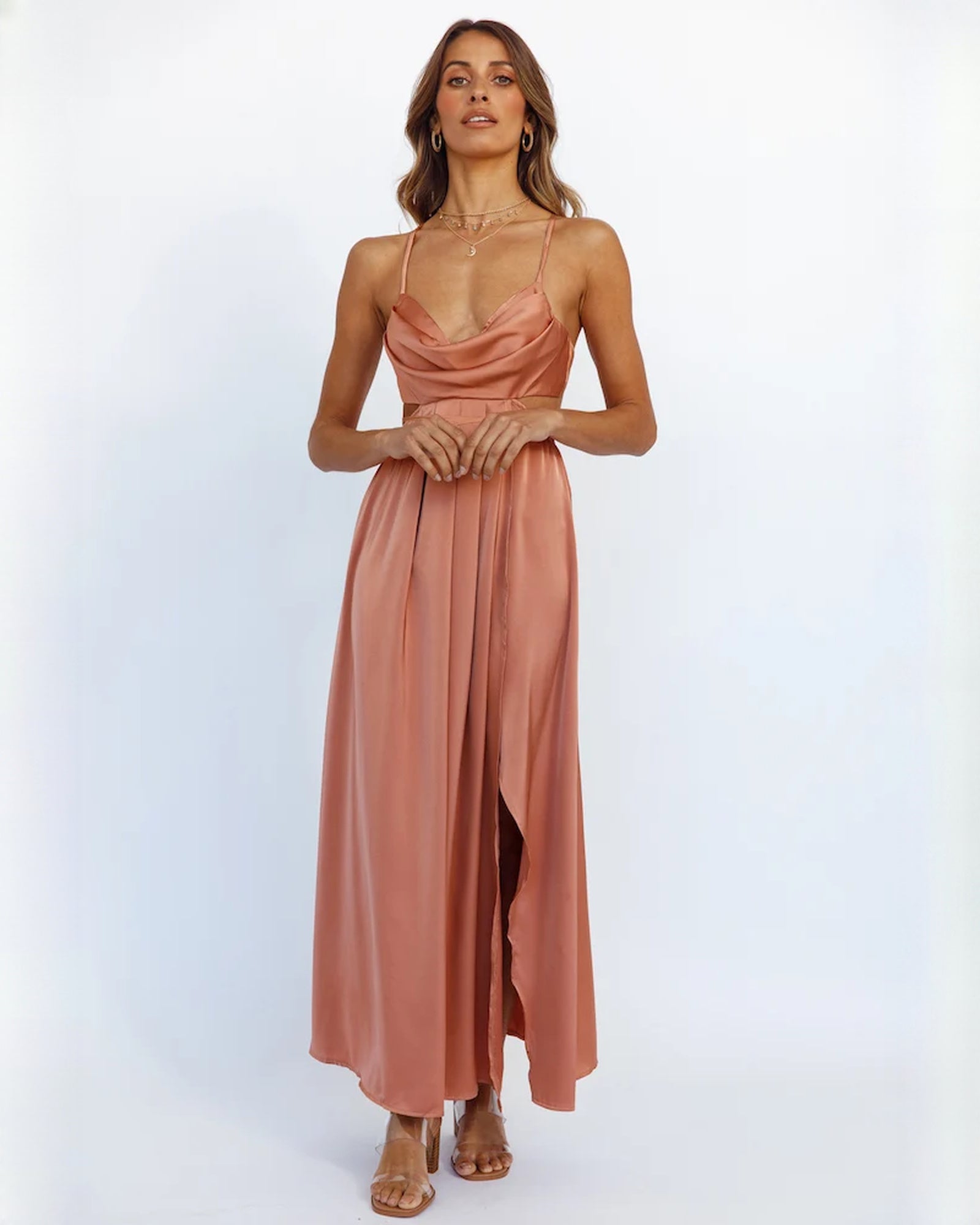 sleeveless satin a-line maxi bridesmaid dress - image 5