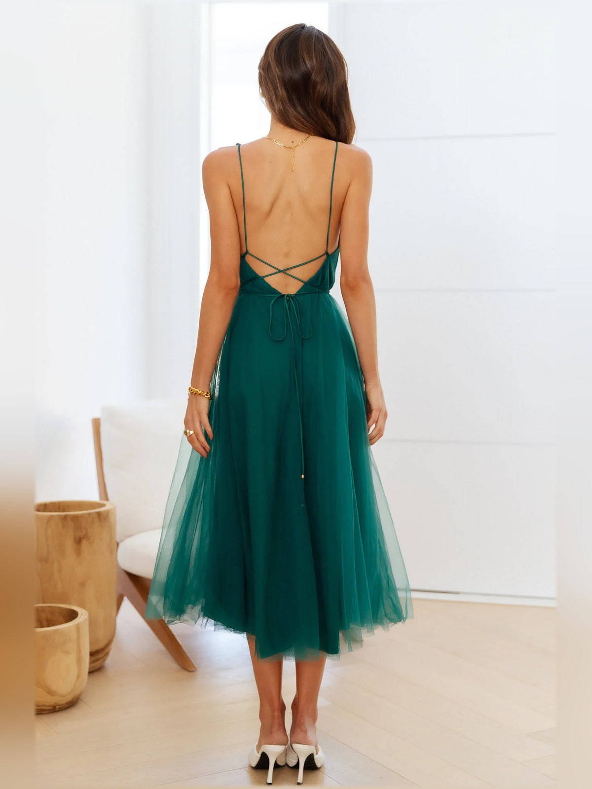 Forest Green midi formal dress, alternate view showing the skirt