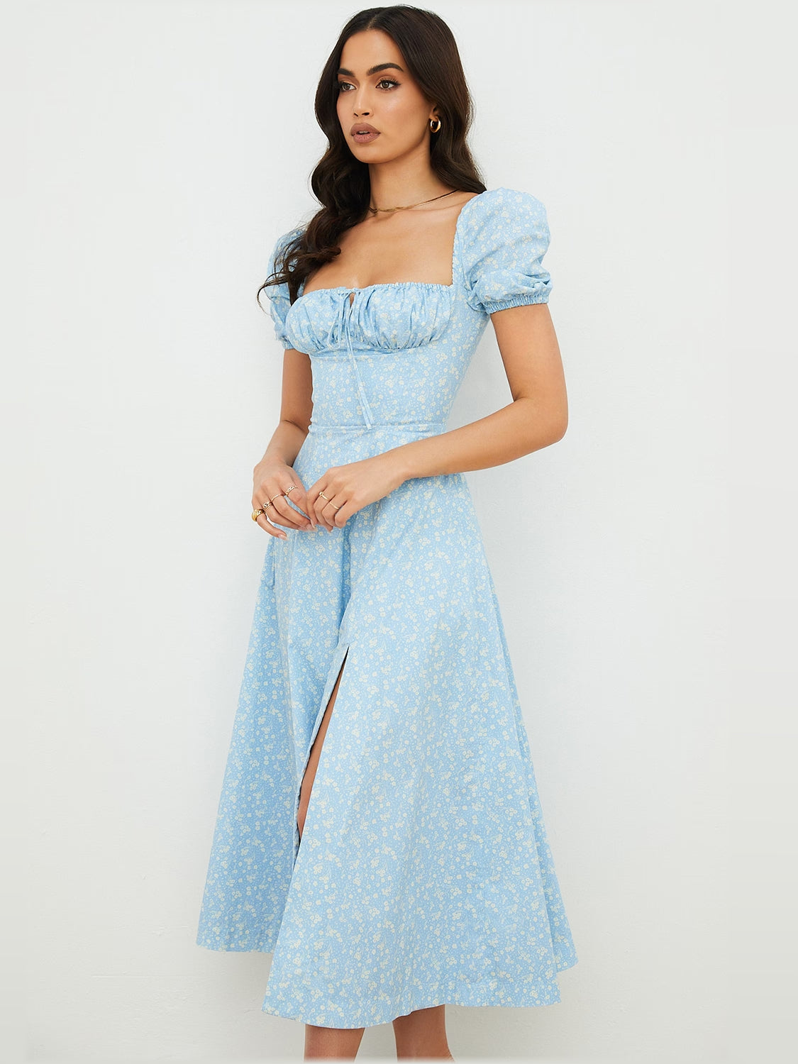 Blue Ivory Floral midi formal dress with floral print, alternate view showing the skirt