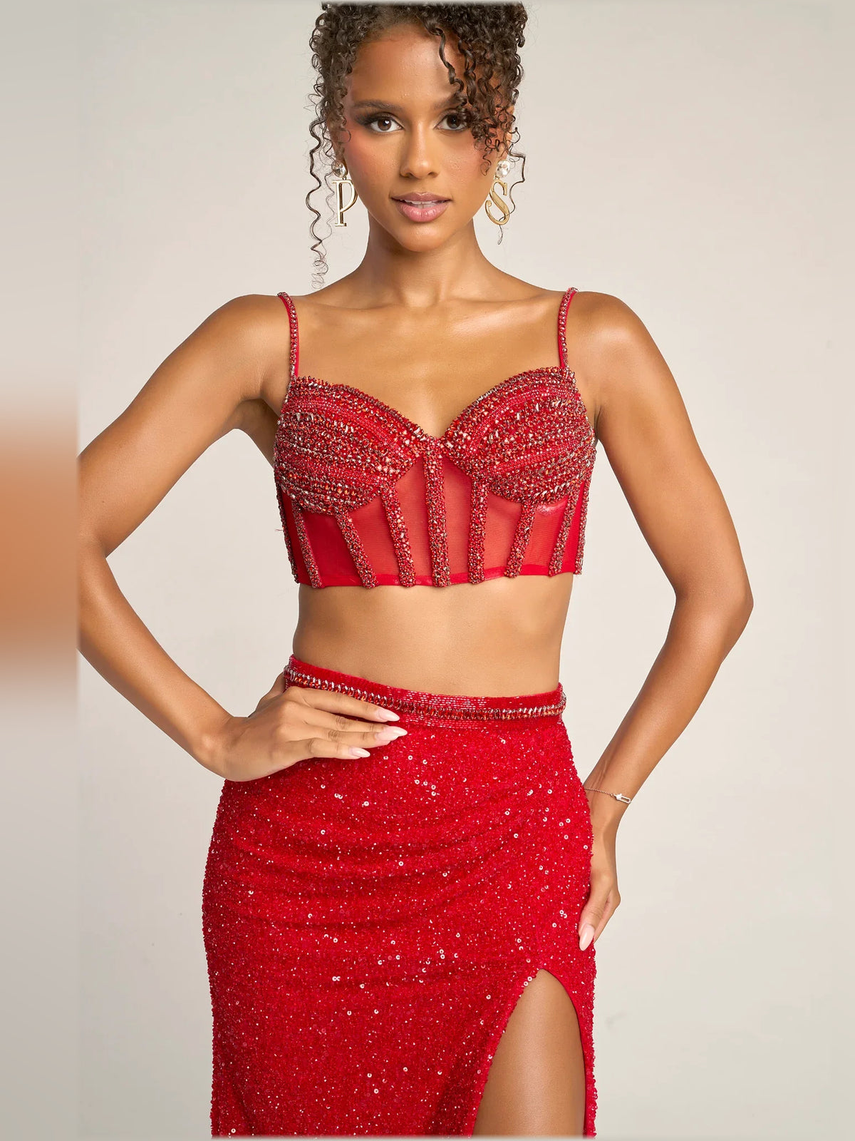 Coral sheath floor-length formal dress with beading, alternate view showing the skirt