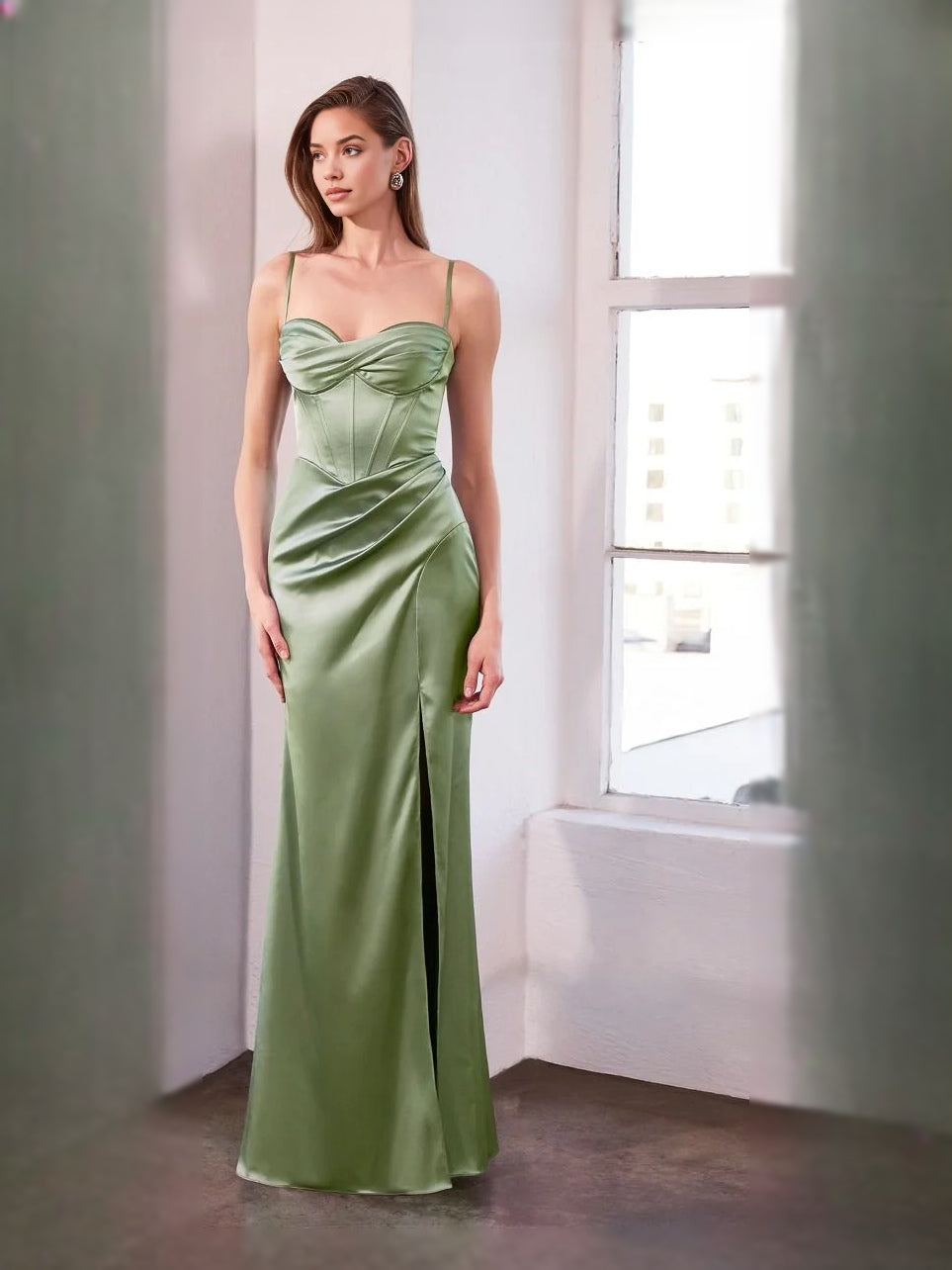 Dusty Sage floor-length prom dress, alternate view showing the skirt and hem