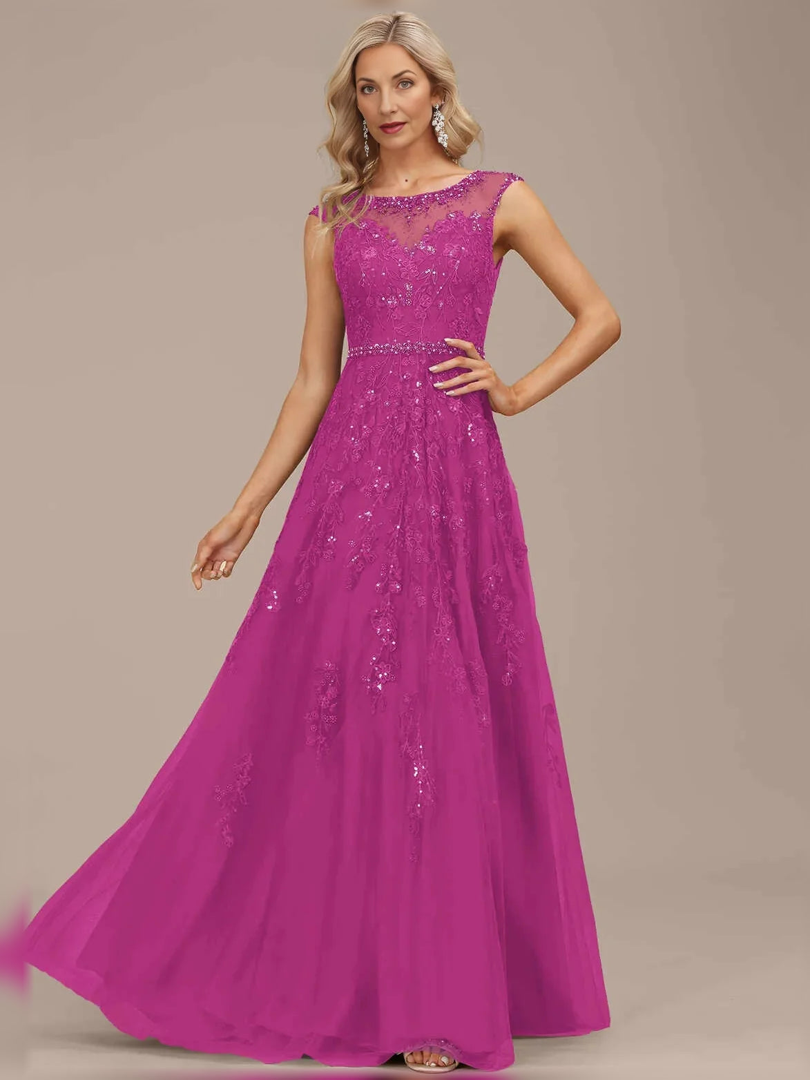 Hot Pink maxi mother of the bride dress, alternate view showing the skirt and hem