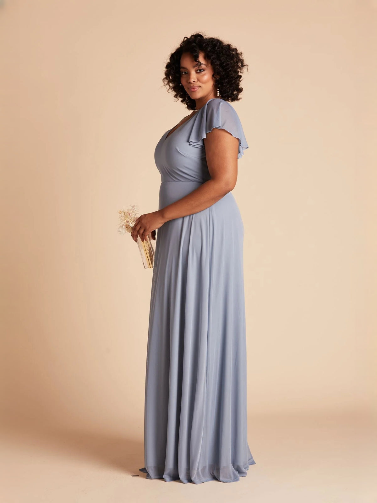 Dusty Blue maxi bridesmaid dress, alternate view showing the skirt and hem
