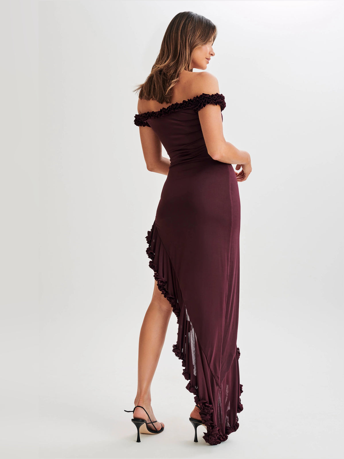 Plum midi formal dress with ruffle details, alternate view showing the skirt
