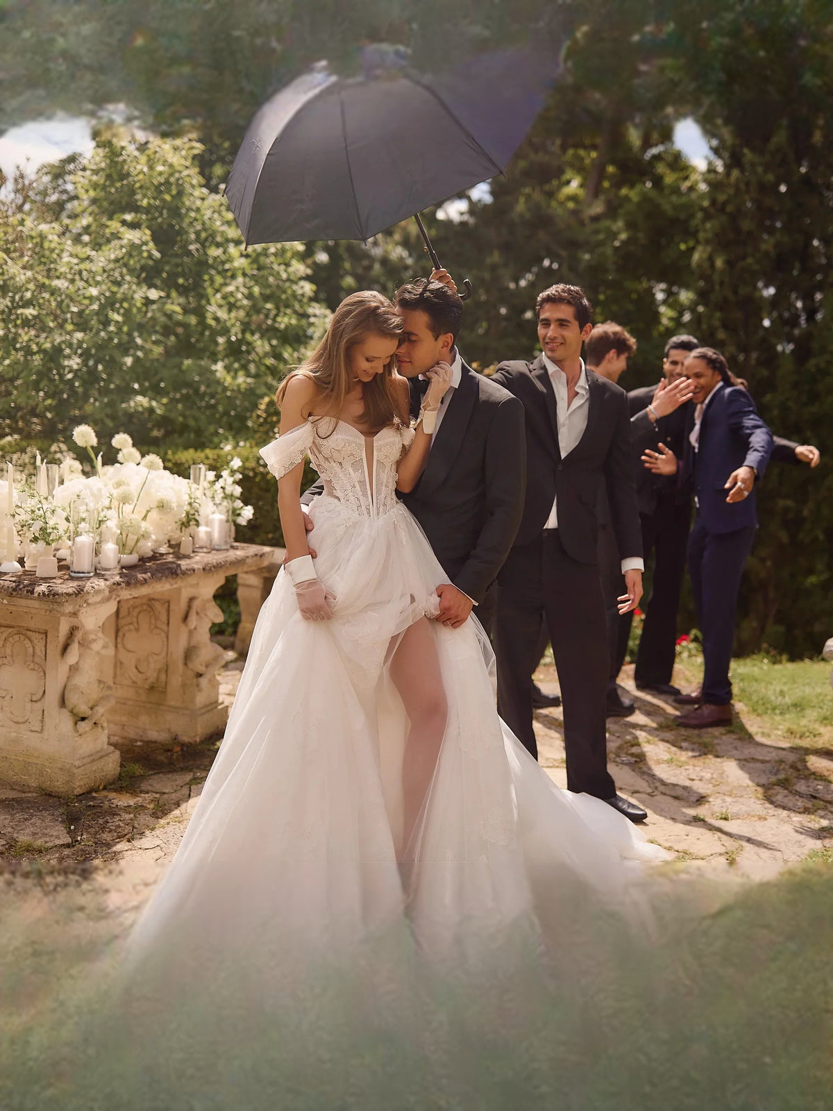 Ivory floor-length wedding dress, alternate view showing the skirt and hem