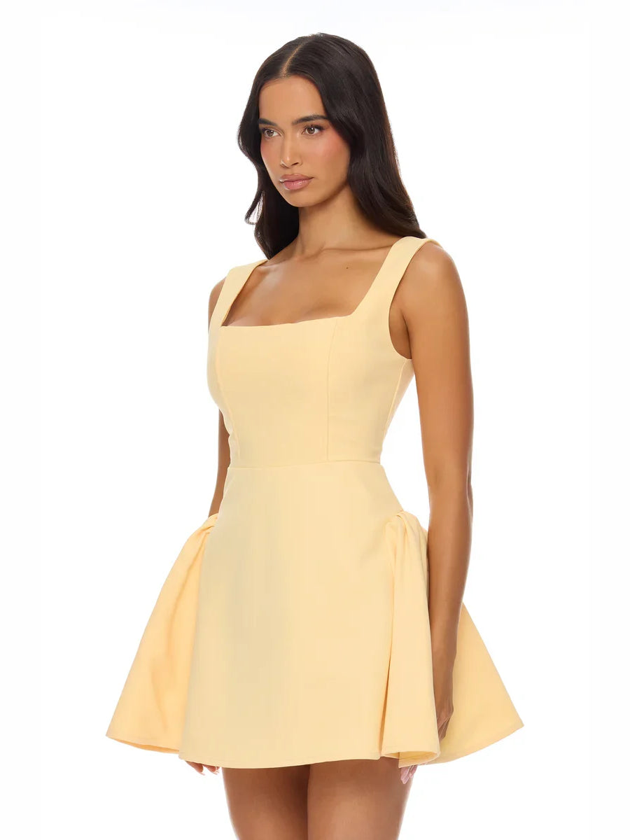 Red mini homecoming dress, alternate view showing the skirt and hem