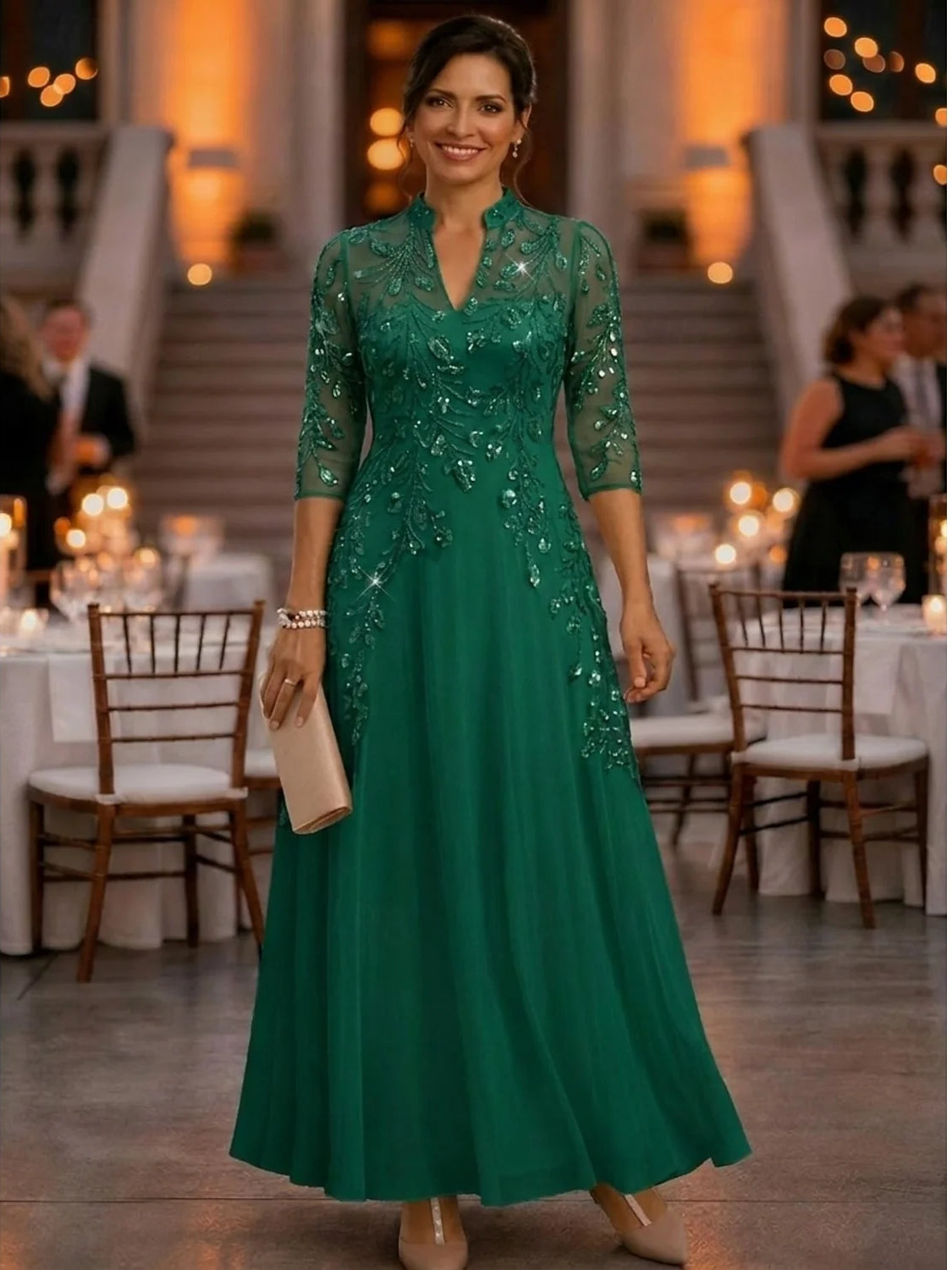 Emerald Green floor-length mother of the bride dress, alternate view showing the skirt and hem