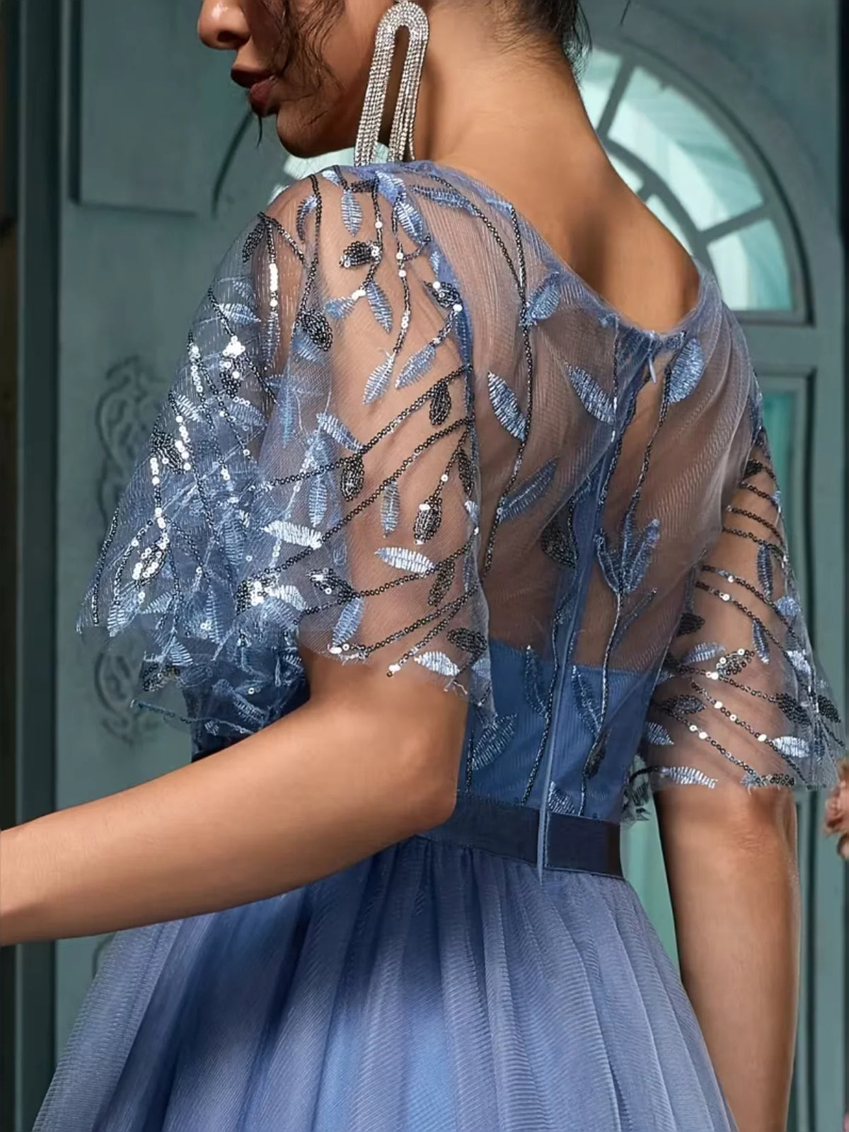 Slate Blue maxi prom dress, alternate view showing the skirt and hem