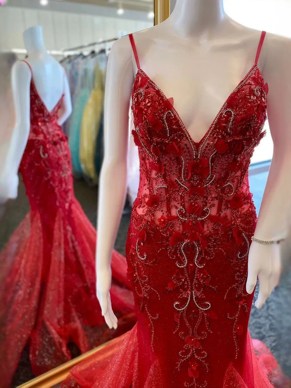 Red maxi prom dress, alternate view showing the skirt and hem