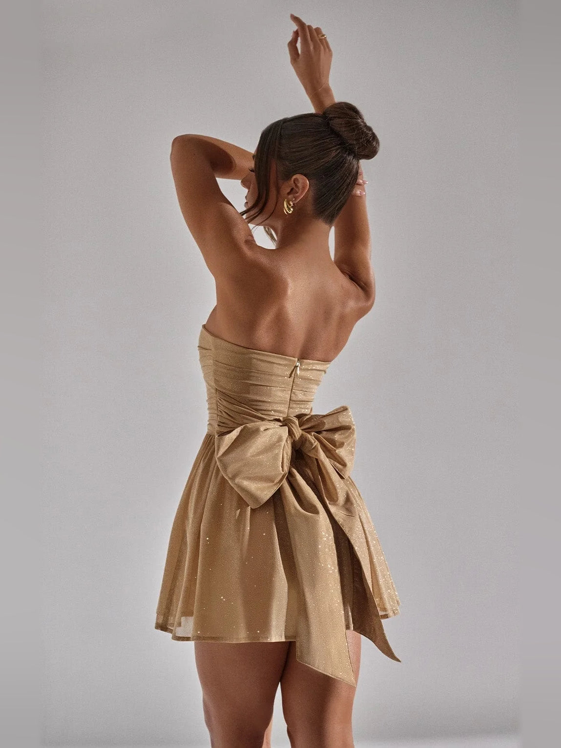 Mocha Gold mini homecoming dress, alternate view showing the skirt and hem