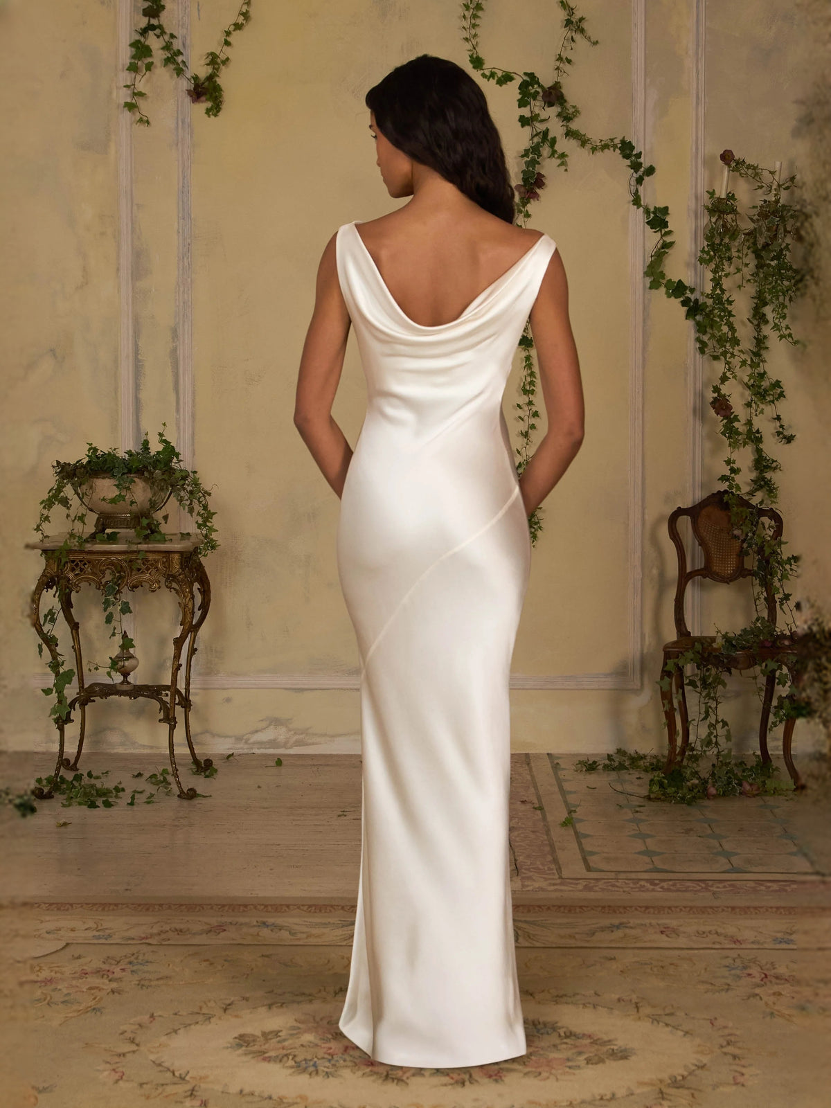 Ivory white maxi prom dress, alternate view showing the skirt and hem