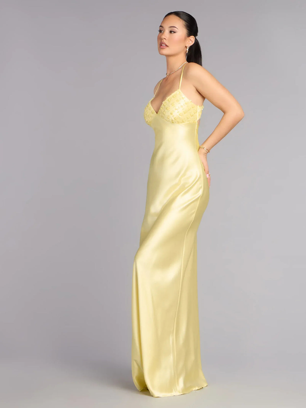 Yellow sheath floor-length formal dress with sequins, alternate view showing the skirt