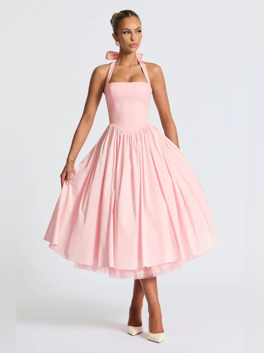 Black a-line midi formal dress with halter neckline, alternate view showing the skirt