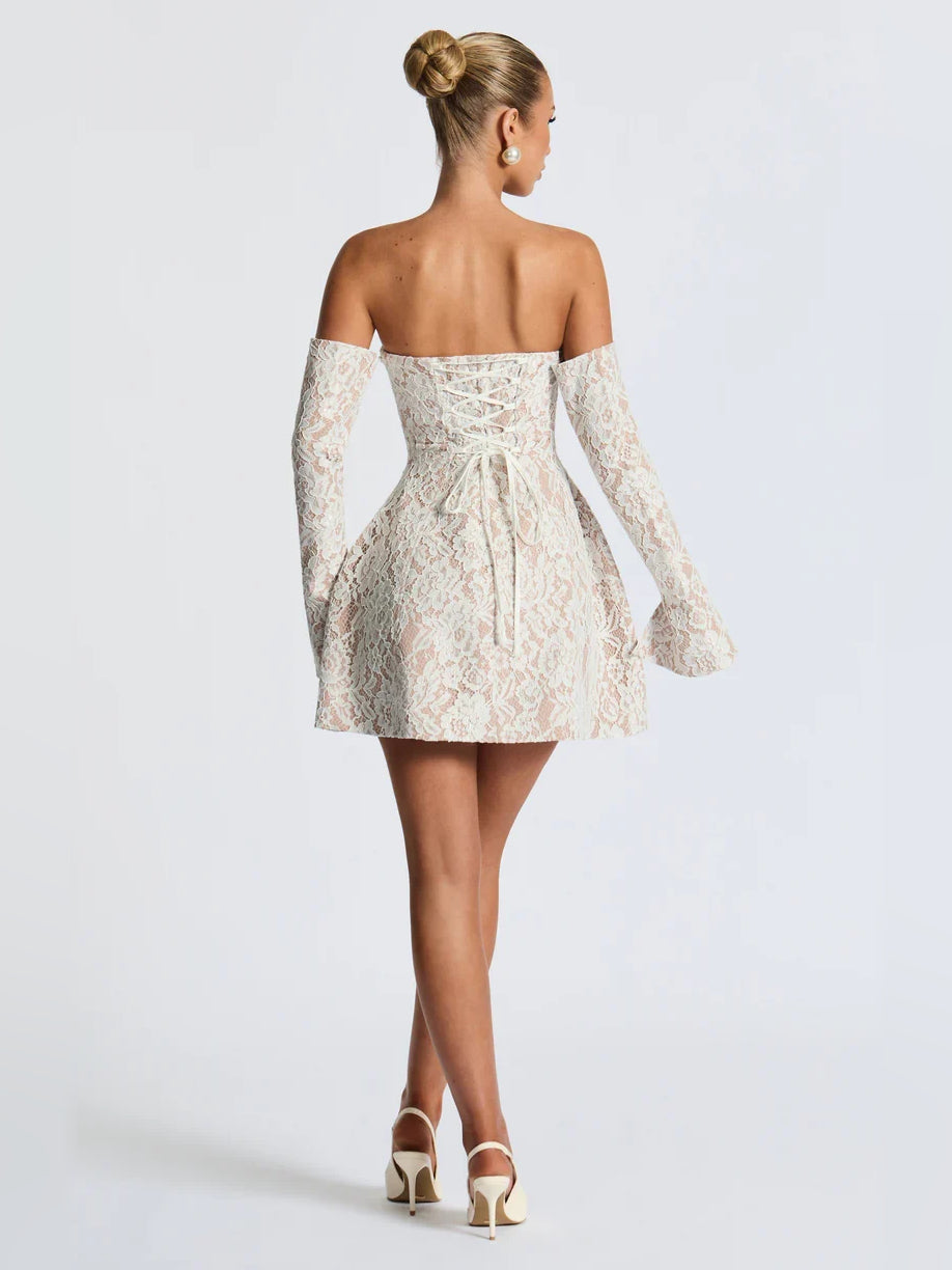 Ivory mini homecoming dress, alternate view showing the skirt and hem