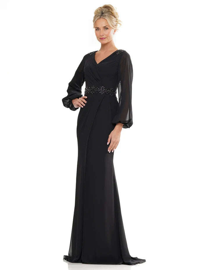 Black floor-length mother of the bride dress, alternate view showing the skirt and hem