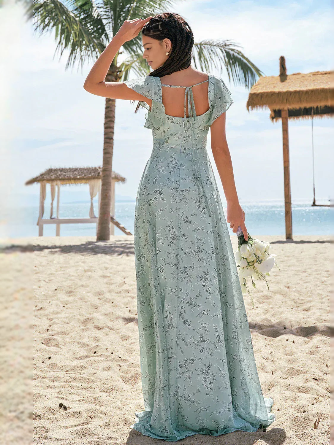 Mint Green maxi bridesmaid dress, alternate view showing the skirt and hem
